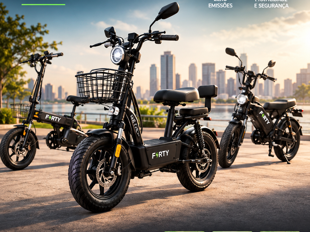 Três modelos pretos de bicicletas elétricas em ambiente urbano